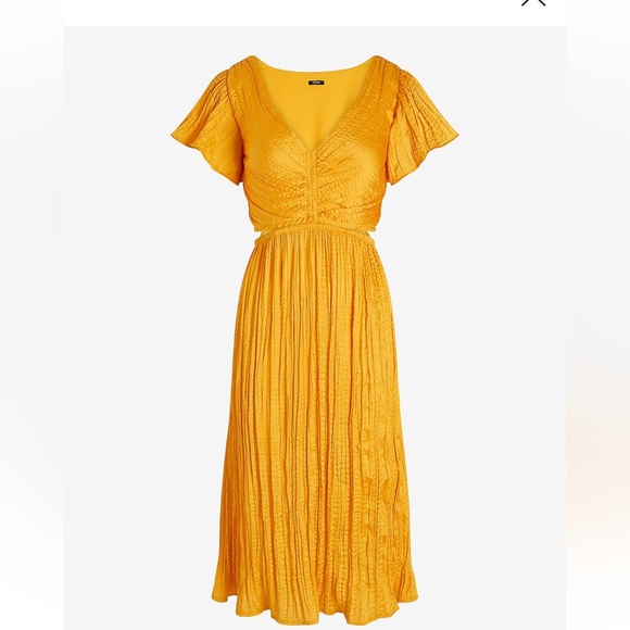🔥NWT🔥 EXPRESS YELLOW Satin V-Neck Flutter Sleeve Pleated Cutout Midi Dress - Picture 3 of 8